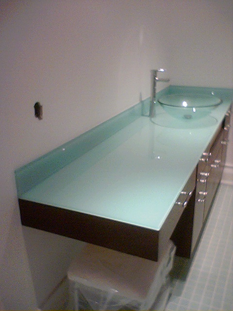 Painted Glass Bathroom Countertop With Glass Bowl.JPG